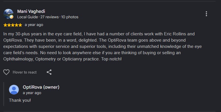 OptiRova Google Business Profile review screenshot