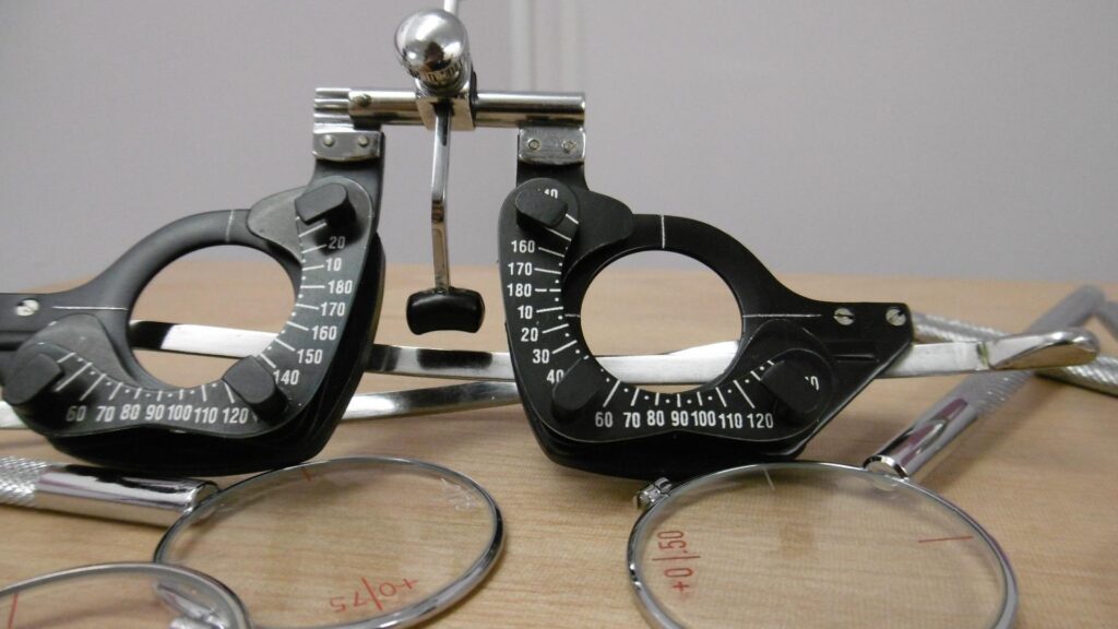 Optometry trial frame and lenses used for eye examinations