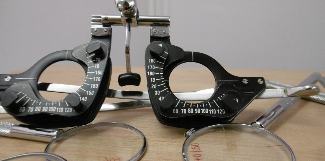 Optometry trial frame and lenses used for eye examinations